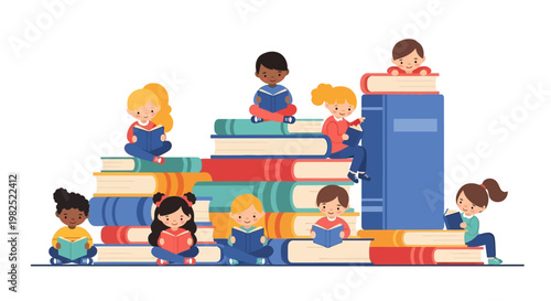 Colorful vector illustration of diverse children reading books while sitting on a large stack of books against a white background, conveying a joyful and educational mood, perfect for World