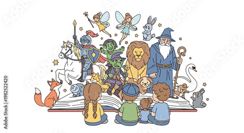 Vector illustration of children attentively gathered around an open book, listening to stories of knights, fairies, wizards, and mythical creatures, all depicted with a clean, cartoon-like