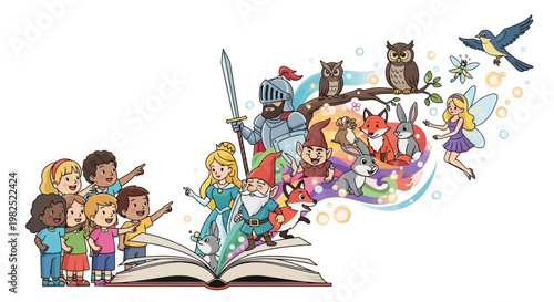 A diverse group of children point towards an open book from which fairy tale characters emerge in a colorful vector illustration, conveying the magic of reading and imagination