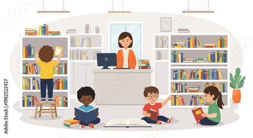 Illustrated scene of diverse children reading and interacting with books in a brightly lit library, while a librarian stands behind the desk, creating an inviting and educational atmosphere