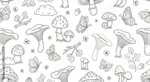 Black and white illustration of mushrooms butterflies and floral elements