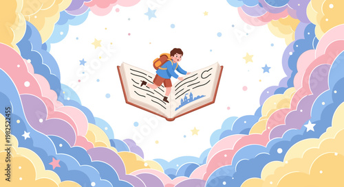 Illustrated scene of a young boy with a backpack eagerly leaping across an open book against a backdrop of dreamy, pastel-colored clouds and stars, conveying a playful and educational mood