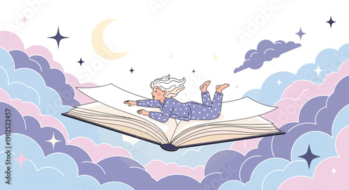 Colorful vector illustration depicting a child in pajamas flying on an open book amidst fluffy clouds and stars against a celestial background, promoting the joy of reading and imagination