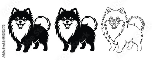 Pomeranian dog vector silhouettes, fluffy spitz puppy line art collection, black and white pet illustrations for logo design and vinyl cutting