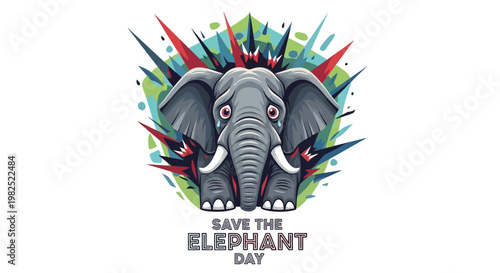 A digitally created vector illustration commemorates Save the Elephant Day with an elephant illustration vector, showcasing an elephant with a concerned expression against a vibrant