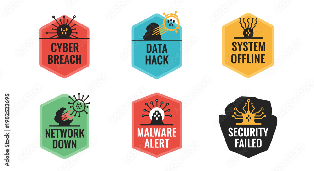 Fototapeta premium Set of colorful hexagonal badges depicting cybersecurity threats and data protection failures, featuring clean lines, simple shapes, and bold typography for digital security
