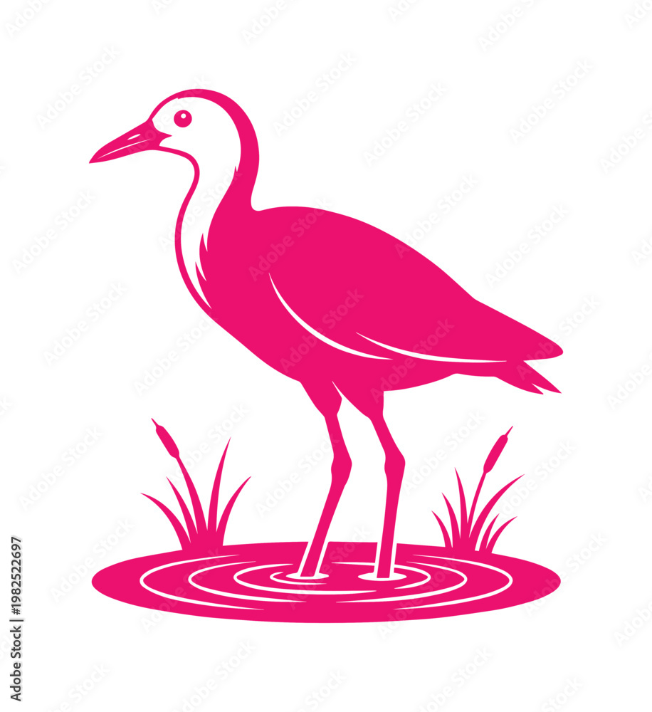 Naklejka premium Pink heron bird vector illustration, minimalist crane silhouette standing in water, elegant marsh bird icon for nature branding and wildlife logos