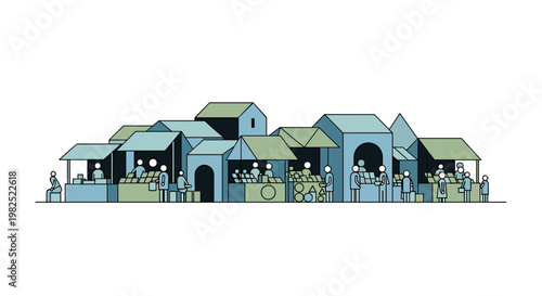Minimalist market scene depicts a bustling marketplace with vendors and shoppers, rendered in cool blue and green tones, conveying a sense of community and commerce, perfect for