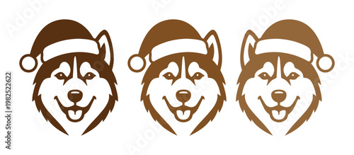 Siberian Husky Christmas vector set, brown husky dog heads wearing Santa hats, festive winter pet illustrations for holiday cards and decor