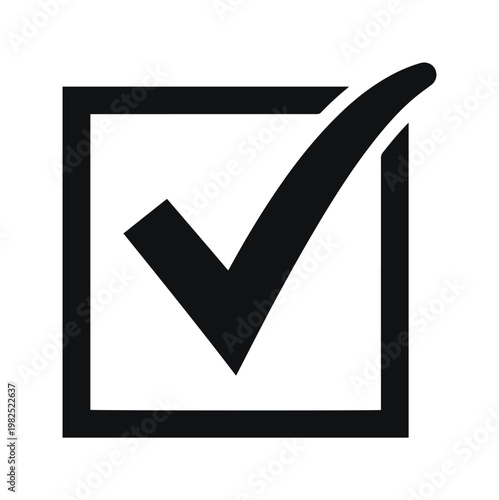 Black check mark icon in square box, minimalist tick symbol for success and approval, flat vector graphic for checklist and survey results