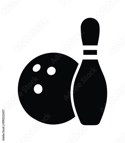 Bowling ball and pin icon, black silhouette sports equipment vector, minimalist bowling alley symbol for competition and leisure gaming