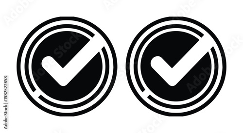 Minimalist check mark icons in circular frames, black and white validation symbols, set of 2 vector checkmark buttons for web interface and apps