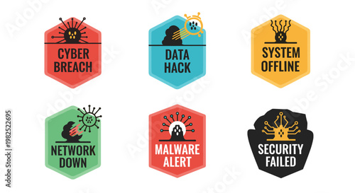 Set of colorful hexagonal badges depicting cybersecurity threats and data protection failures, featuring clean lines, simple shapes, and bold typography for digital security
