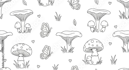 Black and white whimsical pattern of mushrooms butterflies flowers and hearts