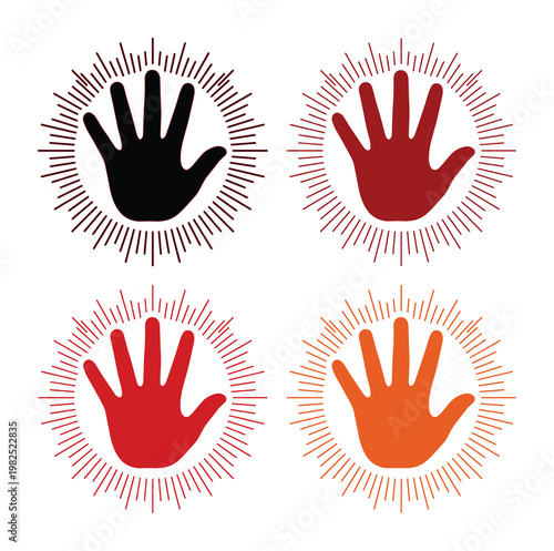 Vintage hand silhouette icons with sunburst halo, set of 4 colorful palm symbols, retro spiritual hand graphics for healing and energy concepts