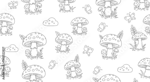Cartoon mushrooms and butterflies seamless pattern isolated on white background