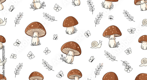 Cartoon mushrooms and nature elements pattern on white background seamless
