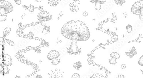 Detailed illustration of mushrooms and floral elements on a white background