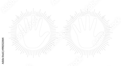 Minimalist white hand outline with sunburst rays, spiritual palmistry symbol vector, mystical energy healing hand icons on white background
