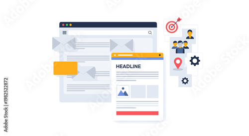 A modern, minimalist composition showcasing digital marketing concepts with a laptop screen, email icons, and target symbols, all rendered in a clean, flat style with a vibrant
