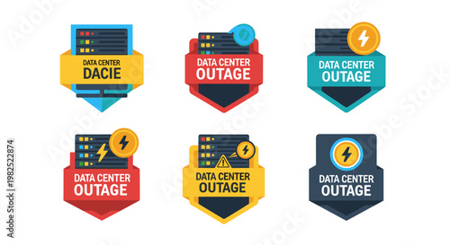 A collection of six data center outage badges with server racks, lightning bolts, and warning symbols, rendered in a flat, modern, and colorful style, conveying concepts of