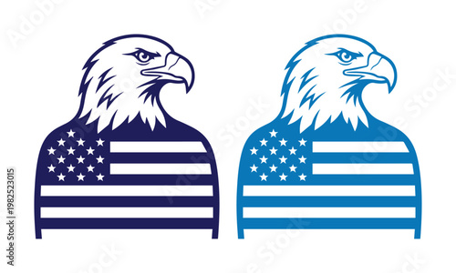 American bald eagle head silhouette with USA flag pattern, patriotic eagle mascot vector set, blue national pride bird icons for fourth of july