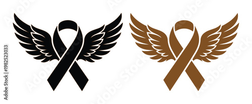 Memorial awareness ribbon with angel wings, black and brown mourning ribbon vector set, funeral and remembrance symbol for loss and grief