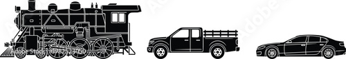 transportation, vehicles, silhouette, train, steam locomotive, pickup truck, sedan car, black, vector, illustration, automotive, transport, vintage, modern, design, side view, isolated, minimal, 