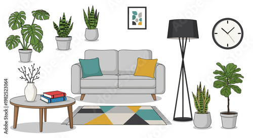 Cozy living room scene featuring a gray sofa, plants, a round coffee table, a floor lamp, and a modern clock, all rendered in a clean, minimalist style with a calming color