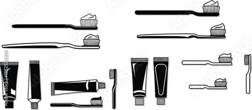 toothbrush, toothpaste, oral care, dental hygiene, cleaning, bathroom, health, hygiene, tools, vector, illustration, silhouette, black, isolated, set, collection, daily, routine, care, equipment