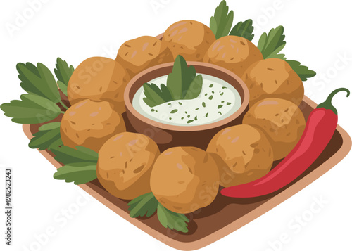 Falafel plate with sauce, middle eastern food vector illustration for menu design