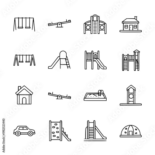 A collection of black and white line drawings of playground equipment Vector, illustration