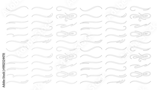 Elegant flourish vector set, decorative calligraphic swirls and filigree dividers, 60 white ornamental line elements for wedding invitations and luxury branding