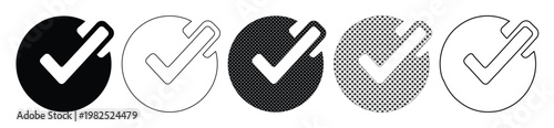 Minimalist check mark icon set, black and white verification symbols in circle, 5 vector elements for approval and success status