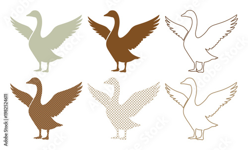Vintage goose silhouette collection, set of 6 waterfowl bird icons in earth tones, rustic farm animal vector graphics for logo design and branding