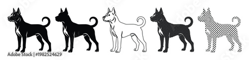 Minimalist dog silhouette vector set, black and white canine profile icons, 5 pet animal illustrations for logo design and branding