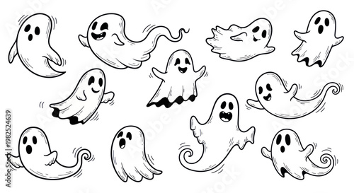 Cute Cartoon Ghosts Collection, Spooky Halloween Characters, Hand-Drawn Style