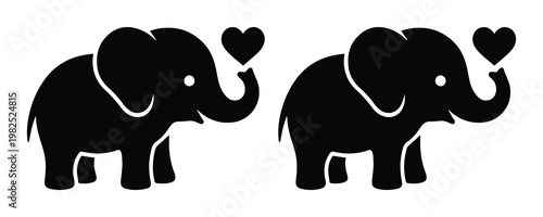 Minimalist elephant silhouette with heart, cute baby elephant vector icons, black animal character for nursery decor and wedding invitations