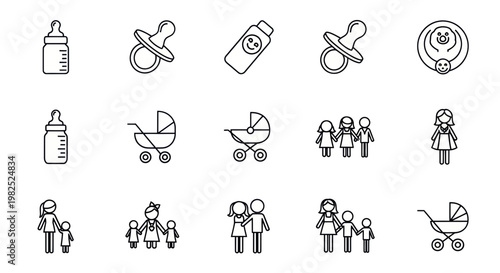 Baby Icons Set: Bottle, Pacifier, Stroller, Family, Bib, Lotion - Line Art Collection