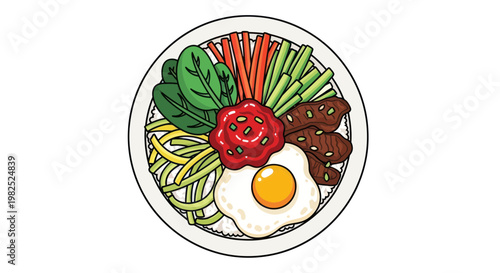 Bibimbap Korean Rice Bowl with Egg, Beef, Vegetables, and Gochujang