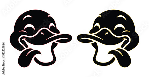 Vintage cartoon duck head mascot set, retro rubber hose style laughing duckling characters, black and white vector illustrations for streetwear