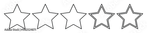 Minimalist star rating icons, five outline stars for customer feedback, black thin line star vector set for product reviews and user interface design