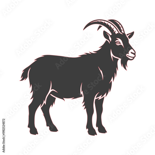 Vintage goat silhouette vector, rustic farm animal illustration, black mountain goat with horns, hand drawn livestock mascot for butchery and dairy