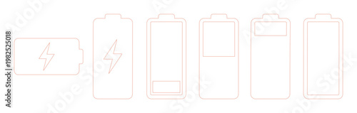 Minimalist battery icon set with lightning bolt symbols, thin line charging level indicators, 6 vector elements for mobile interface design