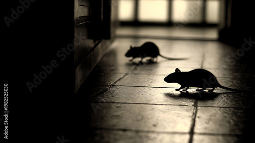 Two Silhouetted Rats Creeping Across a Dark, Tiled Floor.