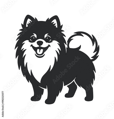 Pomeranian dog vector silhouette, cute fluffy spitz puppy illustration, black and white pet mascot logo, smiling small dog breed graphic