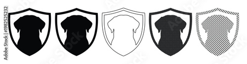 Dog head silhouette shield logo set, 5 labrador retriever crest icons, black and white pet security emblems, canine protection vector graphics