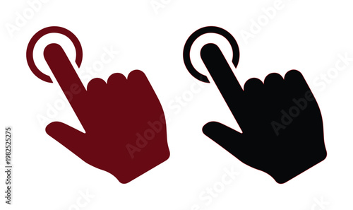 Minimalist hand cursor icons in red and black, finger touching screen vector set, interactive touch gesture symbols for web and mobile apps