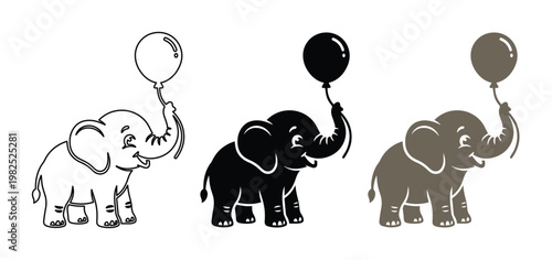Cute baby elephant holding balloon vector set, cartoon animal character in silhouette and outline styles, nursery illustration icons