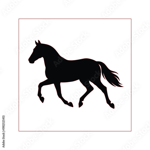 Black horse silhouette in trotting motion, elegant stallion profile vector, minimalist equestrian animal icon on white background